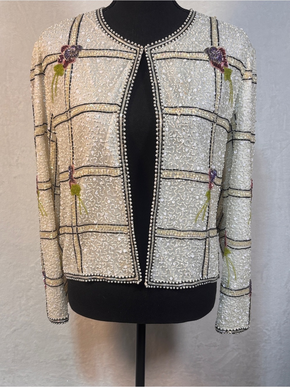 VTG Laurence Kazar Silk Beaded Sequin Floral Windowpane Grid Evening Jacket XL